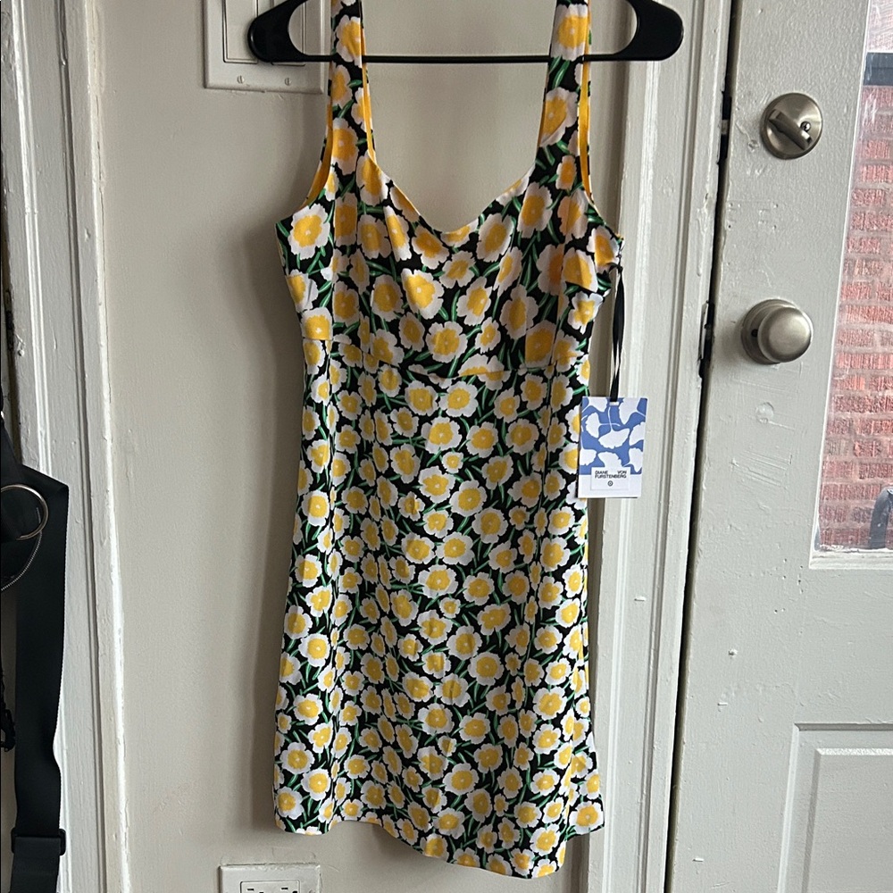 Yellow Floral Mini Slip Dress with Green Accents - Brand: